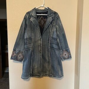 Midnight Velvet Denim Embroidered Jacket Longline Stud Embellishments Aztec Boho